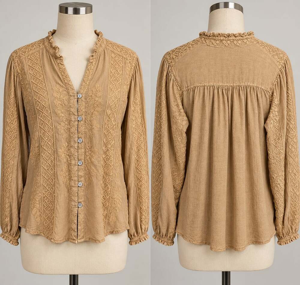 Soft Surroundings Women’s Small Tan Embroidered Boho Button Front Blouse Rayon